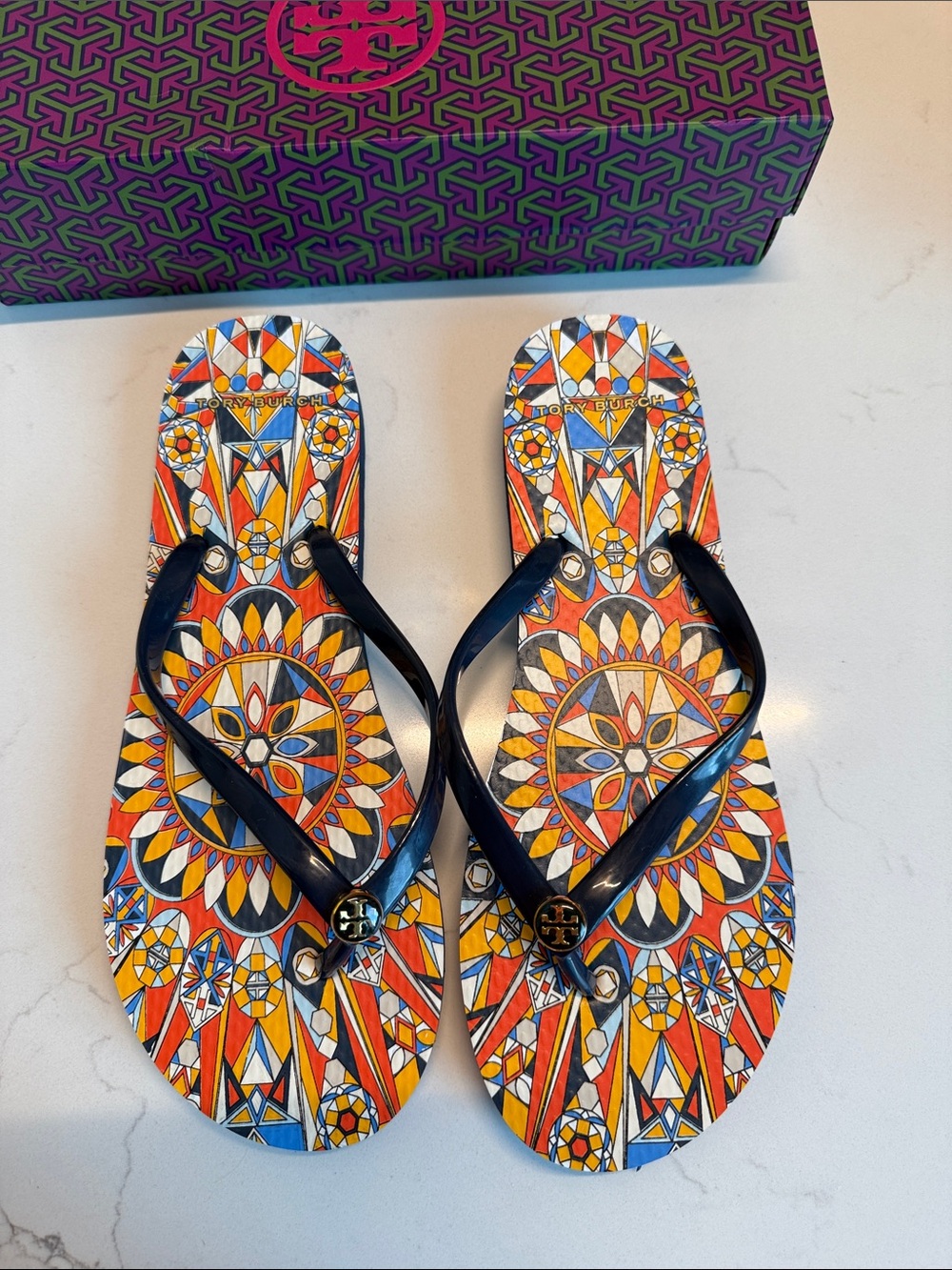 Tory Burch Navy Strap Multi-Color Geometric Print Flip Flops